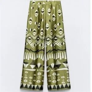 Zara Olive Green Wide-Leg Printed Jumpsuit Pants